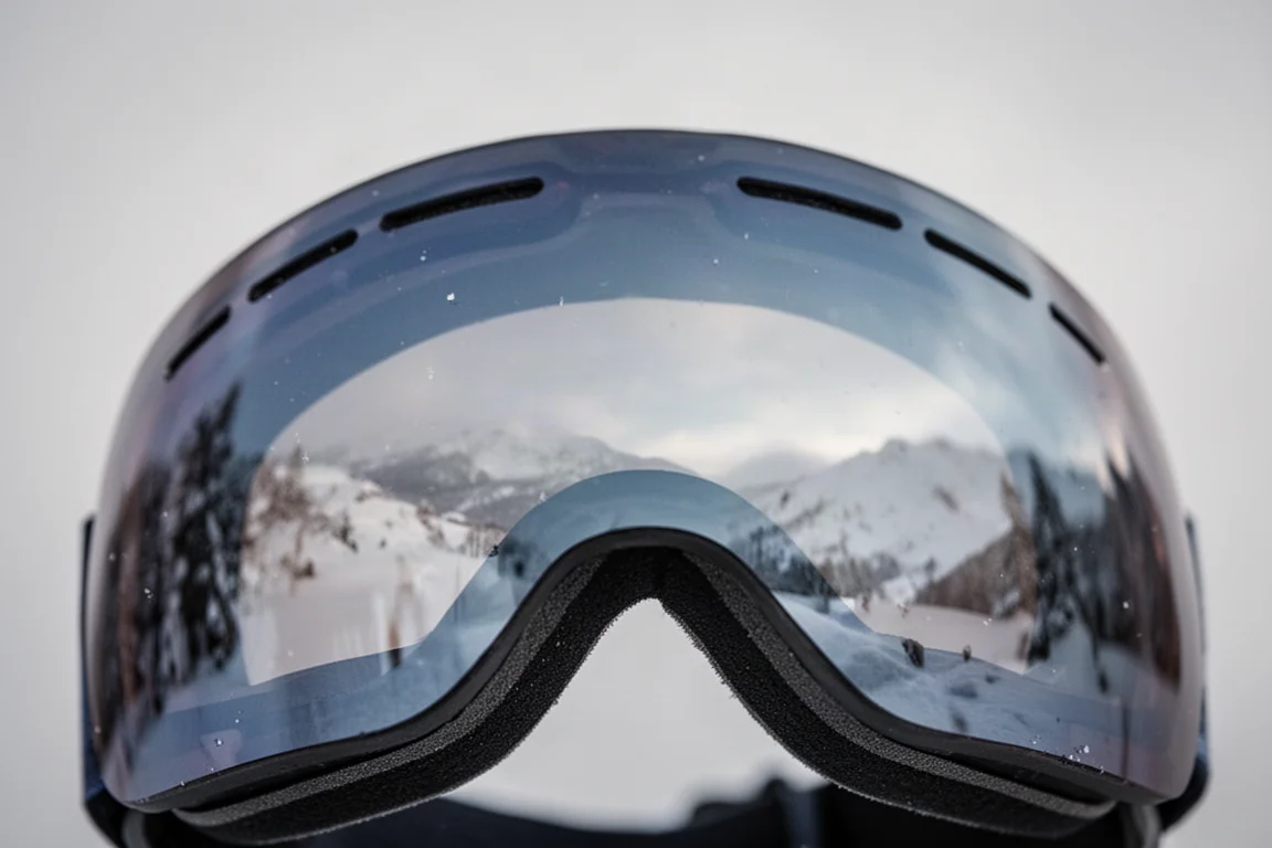 Zbliżenie na soczewkę gogli snowboardowych odbijającą niskie zimowe światło