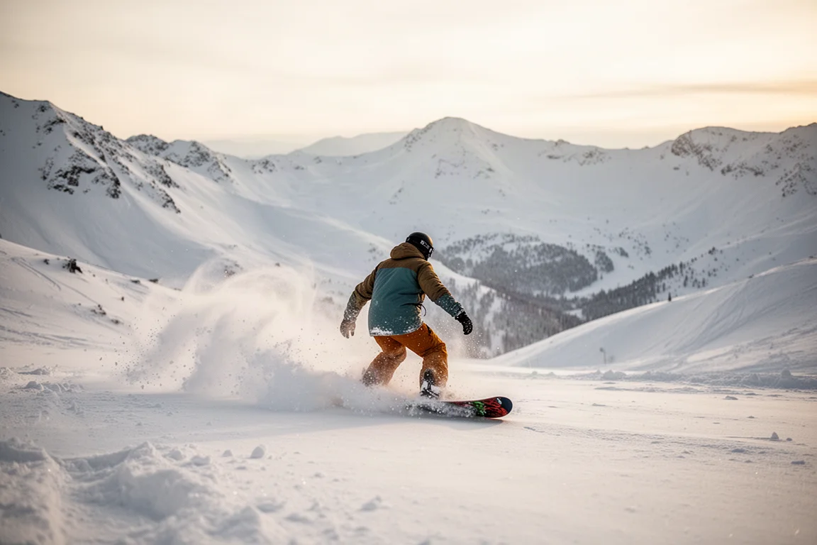 Snowboardzista jadący głębokim puchem z śniegiem sypiącym się z tyłu deski