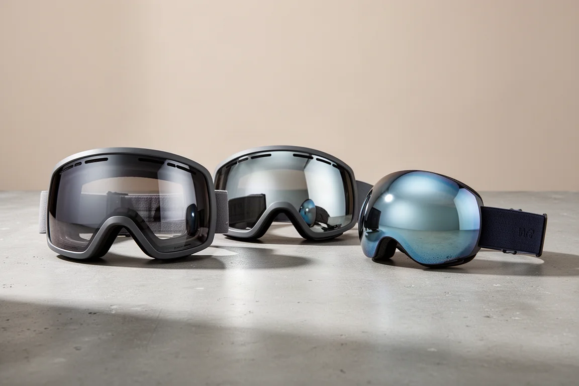 Tre maschere da snowboard con lenti di diverse tinte disposte su una superficie di cemento