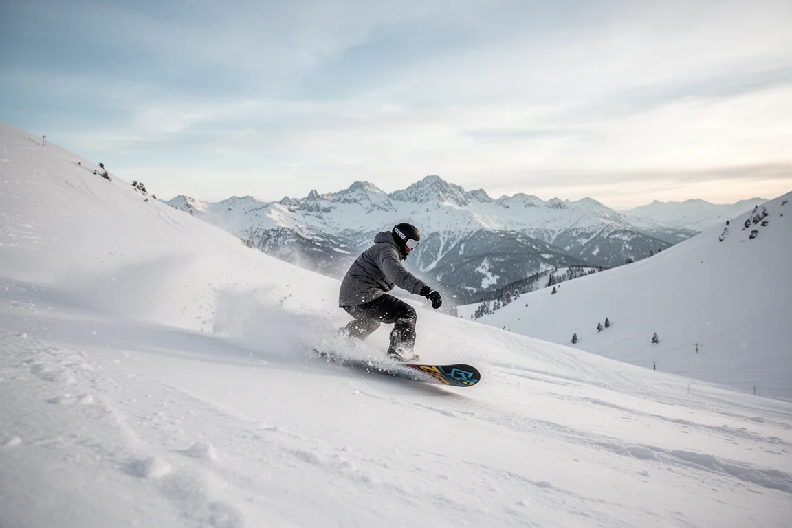 Snowboarder carving through deep powder on a sunlit mountain slope