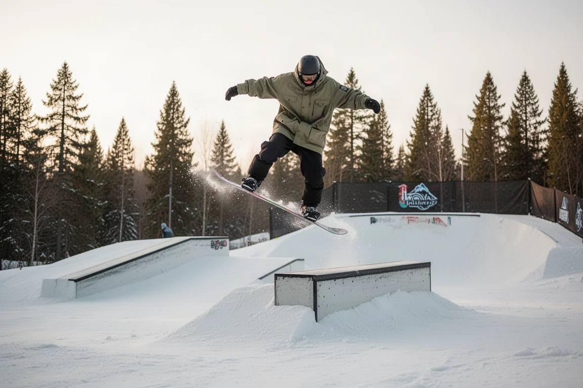 Snowboarder riding through a terrain park jump in soft afternoon light