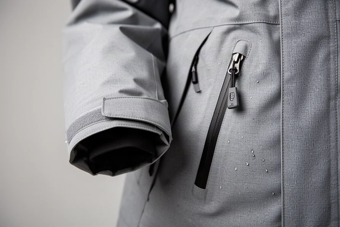 Close-up of a jacket cuff and zippered pocket detail on snow gear
