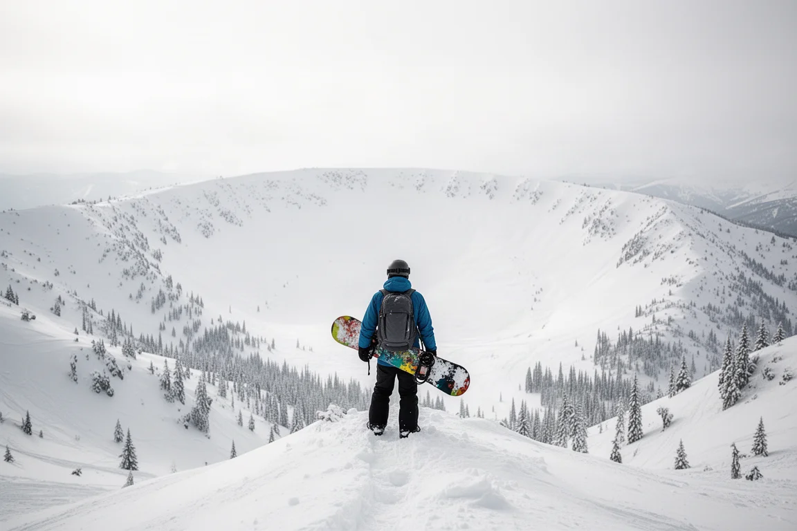 Snowboarder standing on a ridge overlooking a bright snowy backcountry landscape
