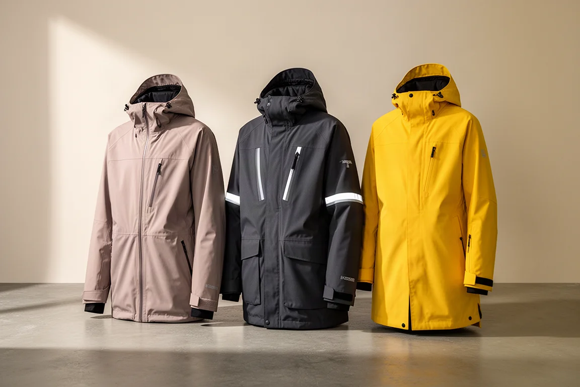 Tres chaquetas de snowboard colocadas una al lado de la otra sobre una superficie de hormigón