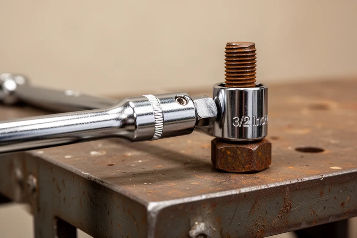 Socket adapter on a breaker bar fitted to a stubborn fastener on a workbench
