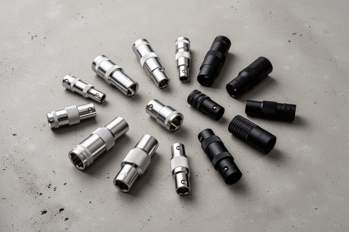 Flat-lay of assorted chrome and black socket adapters on a concrete surface