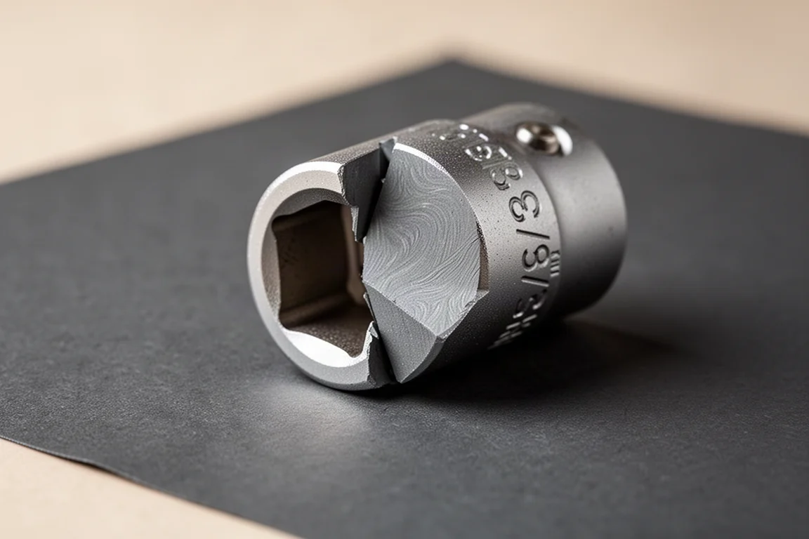 Close-up of a broken socket adapter cross-section showing clean fracture surface