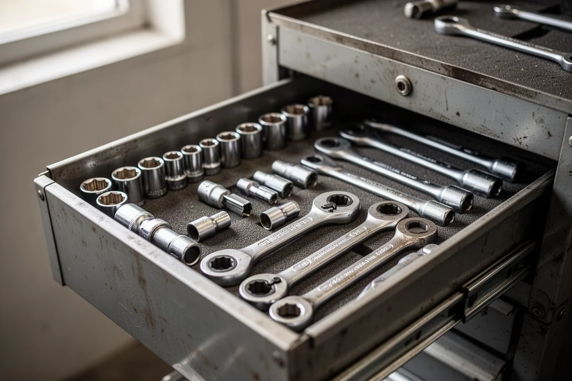 Mechanic's toolbox drawer filled with sockets, ratchets, and adapters