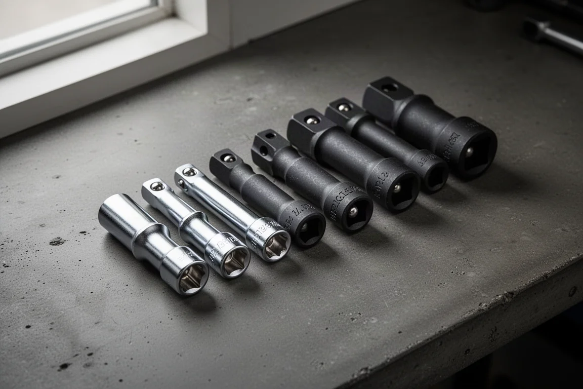 Collection of chrome and black socket adapters arranged on a dark concrete workbench