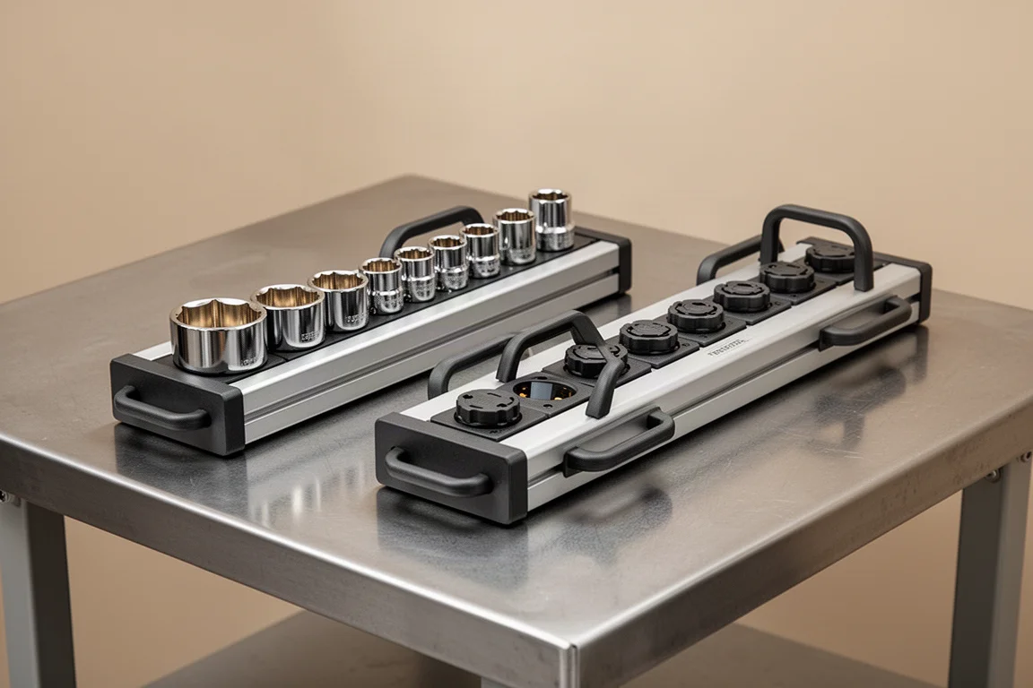 Two magnetic socket organizers side by side on a steel workbench