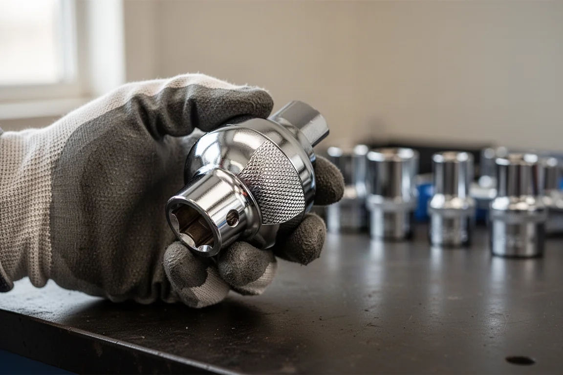 Close-up of a ratcheting socket spinner being turned in a gloved hand