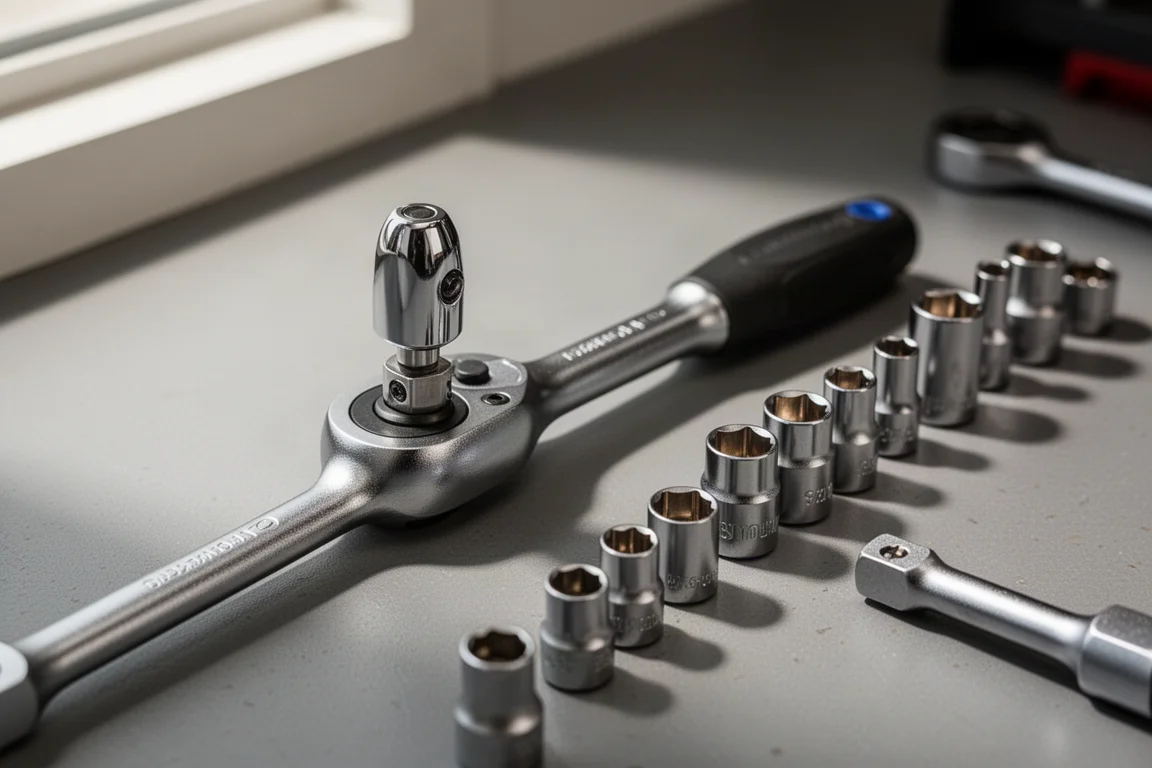 Quarter-inch spinner fitted onto a ratchet head beside small sockets