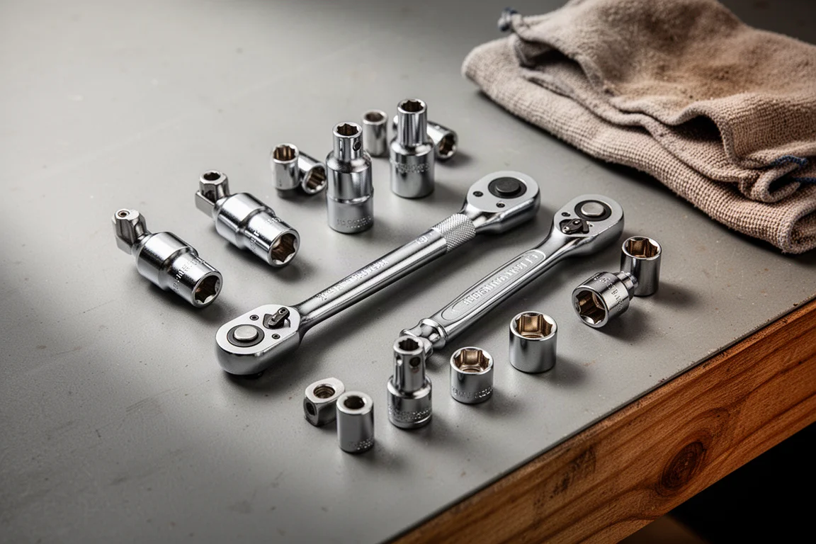 Assortment of chrome spinners and sockets laid out on a workshop bench