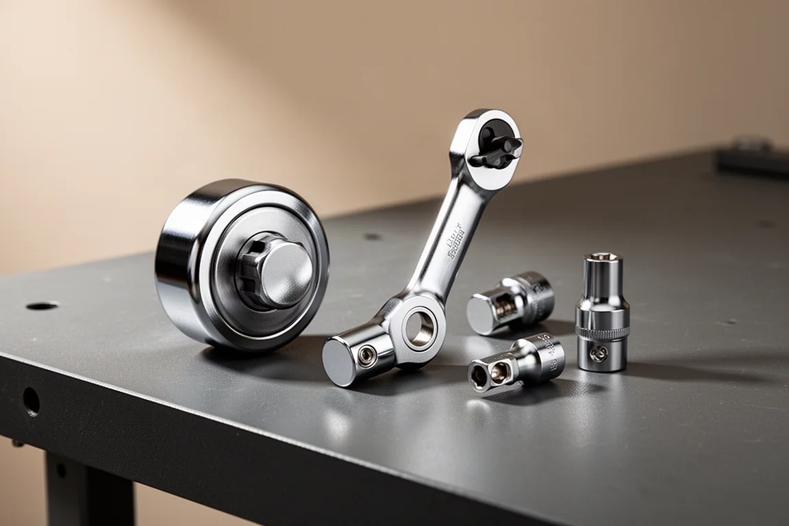 Verschiedene verchromte Socket Spinner auf einer dunklen Werkbank angeordnet