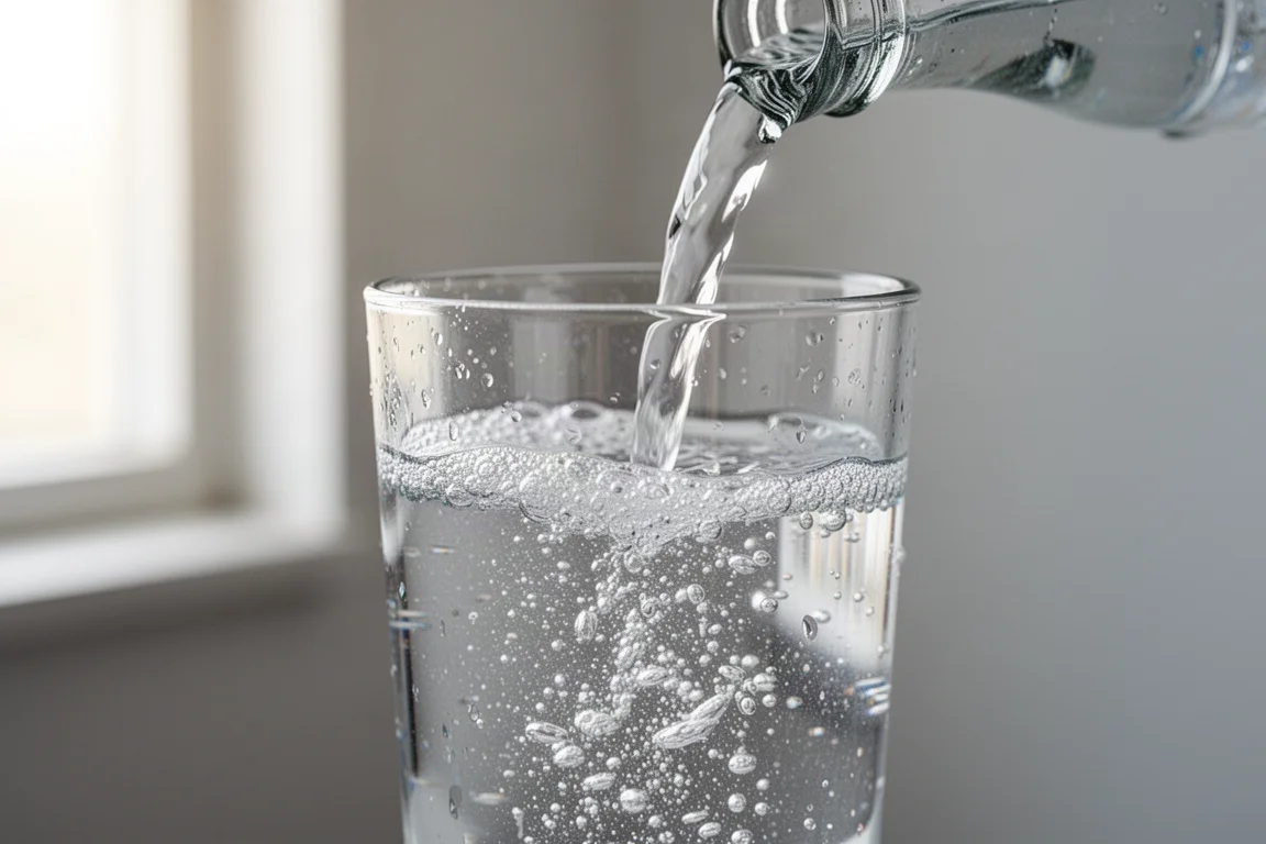 Sparkling water being poured into a glass with bubbles rising