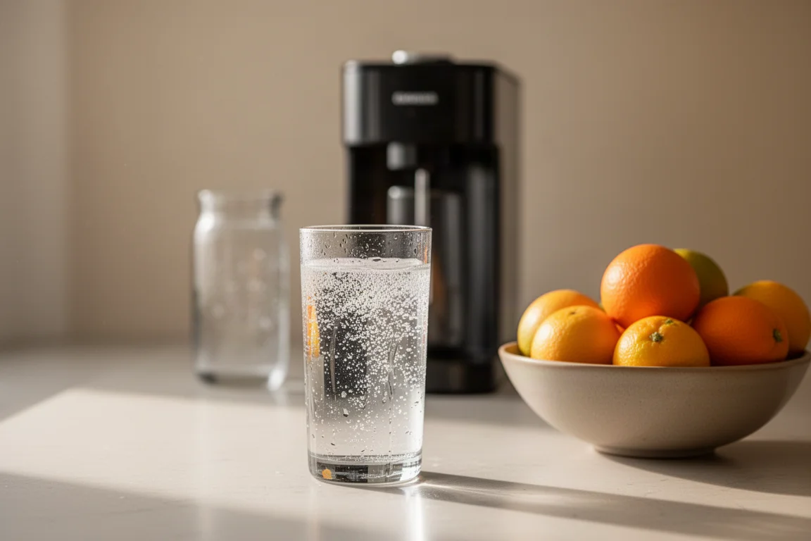 Electric soda maker on a kitchen counter beside a glass of sparkling water