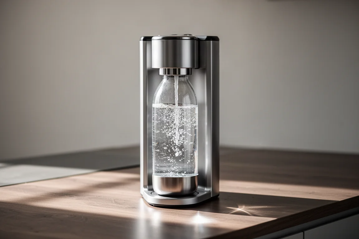 Soda maker with a glass bottle filled with sparkling water on a wooden counter