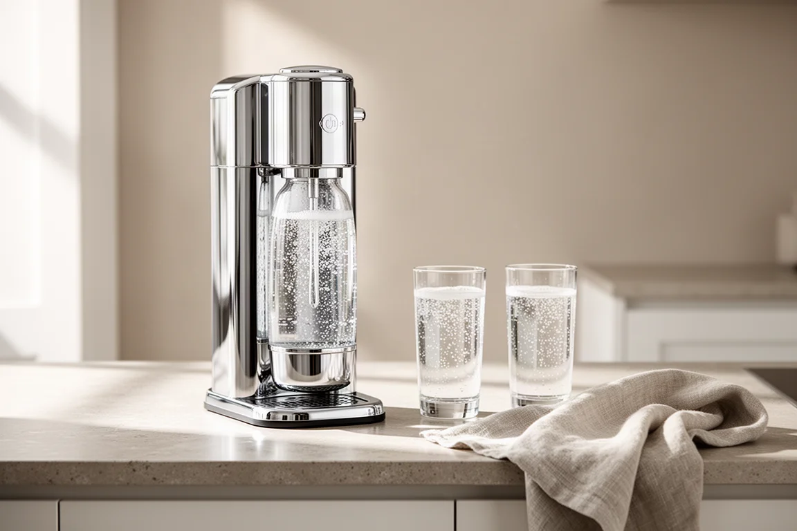 Chrome soda maker styled in a bright modern kitchen with sparkling water glasses