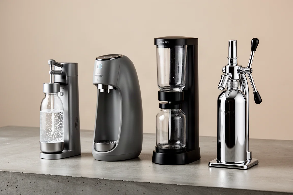 Four home soda makers lined up on a concrete surface in neutral tones