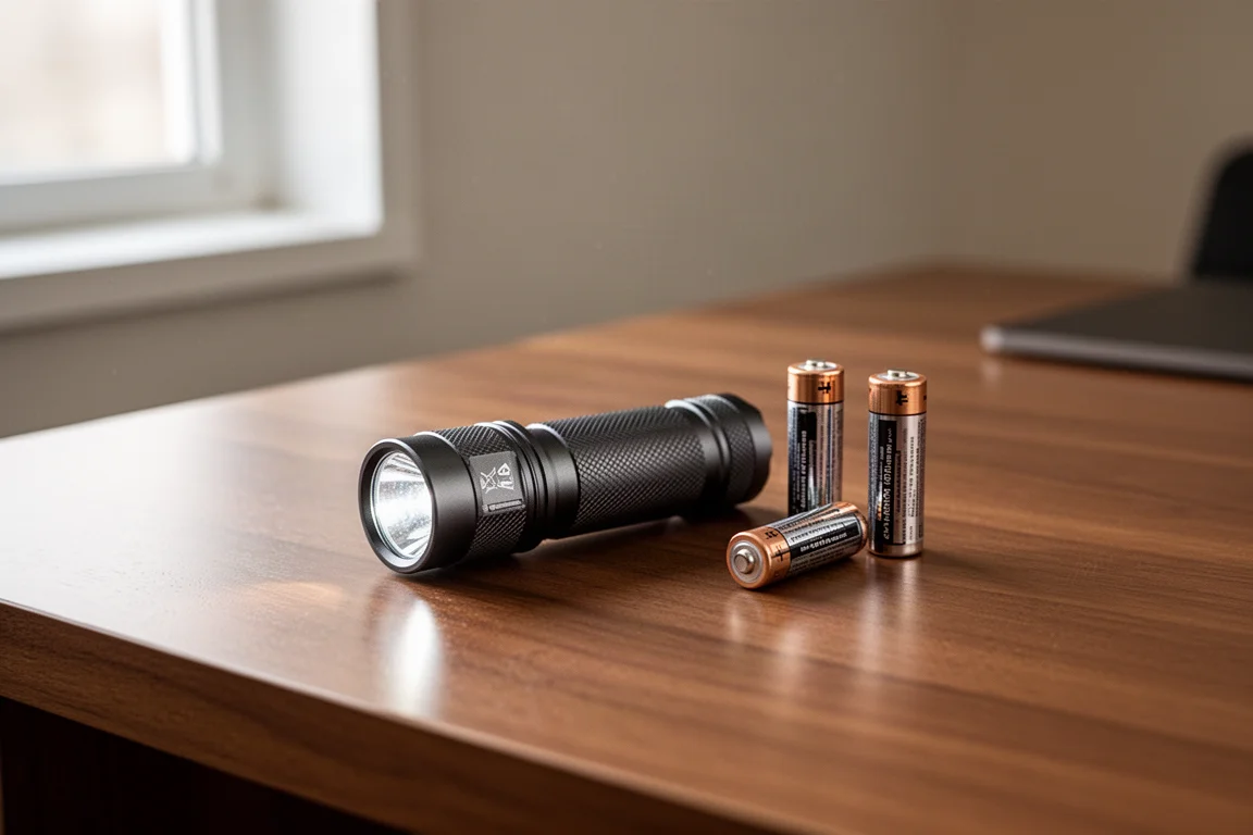 Small AA-sized EDC flashlight resting on a wooden desk next to batteries