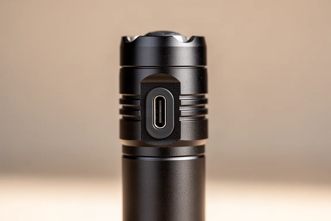 Close-up of a USB-C charging port on a compact metal flashlight