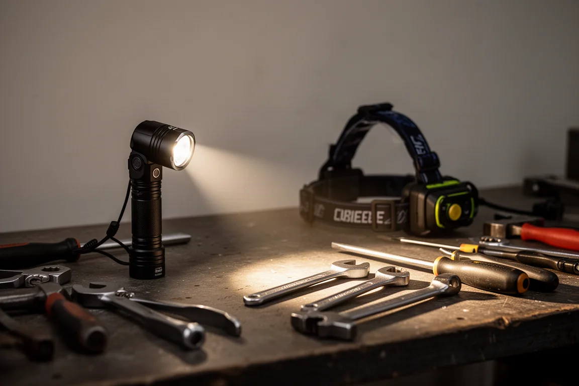 Right-angle headlamp casting a warm beam across a dim workbench