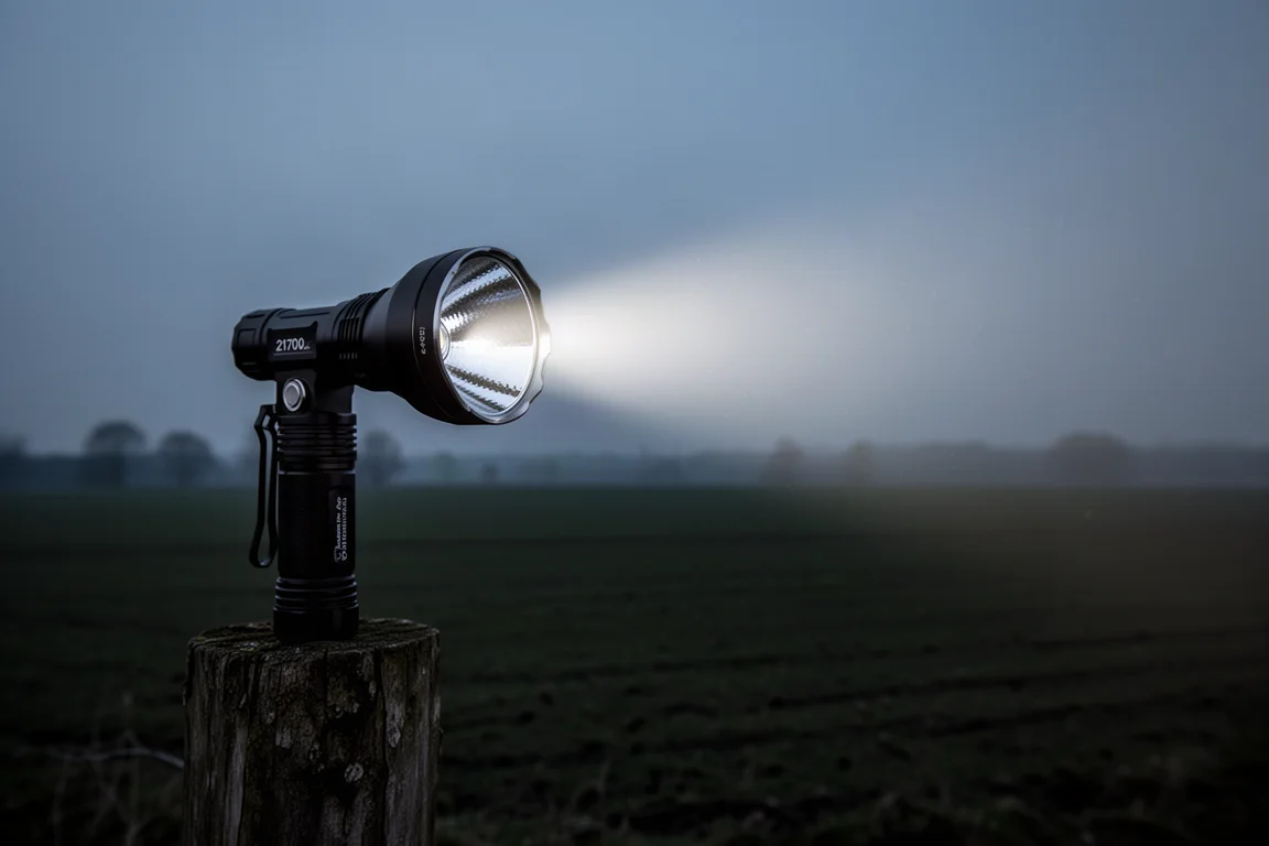 Long-throw flashlight projecting a tight beam across an open field at night