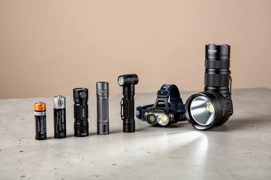 Zes Sofirn-zaklampen van verschillende formaten op een rij op beton
