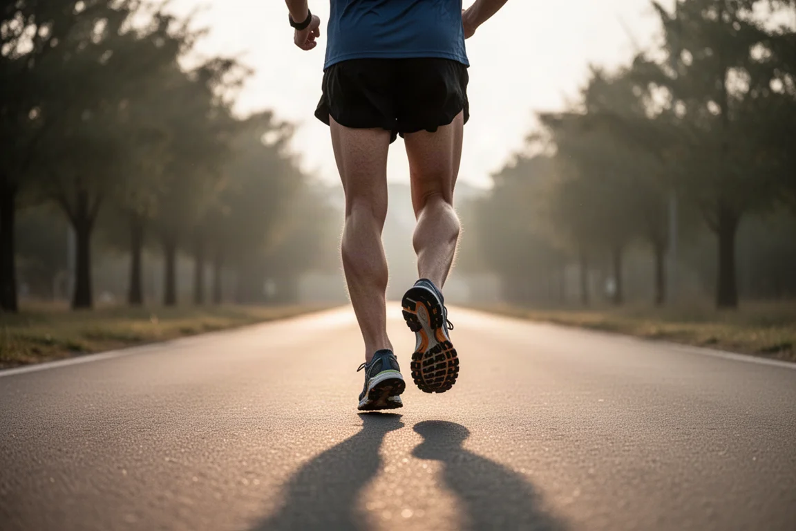 Läufer joggt entspannte Kilometer auf einem leeren asphaltierten Weg im weichen Morgenlicht