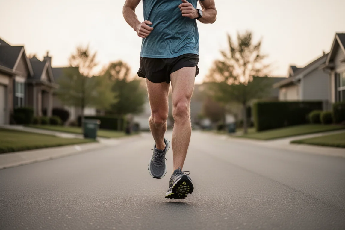Läufer entspannt sich bei einem ruhigen Regenerationslauf auf einer stillen Vorortsstraße