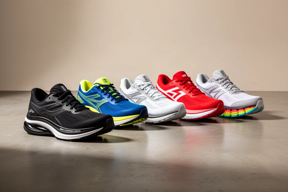 Cinque scarpe da running ammortizzate allineate su un pavimento in cemento dello studio