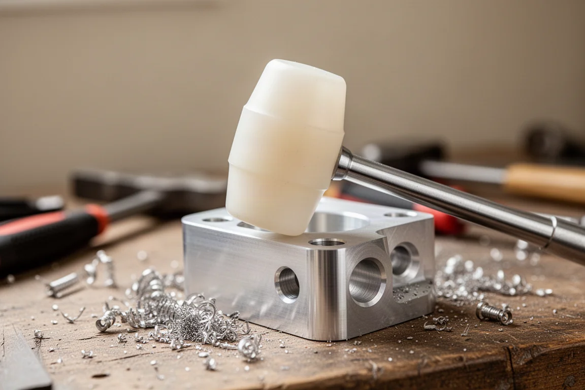Close-up of a soft mallet striking a delicate aluminum part on a workbench