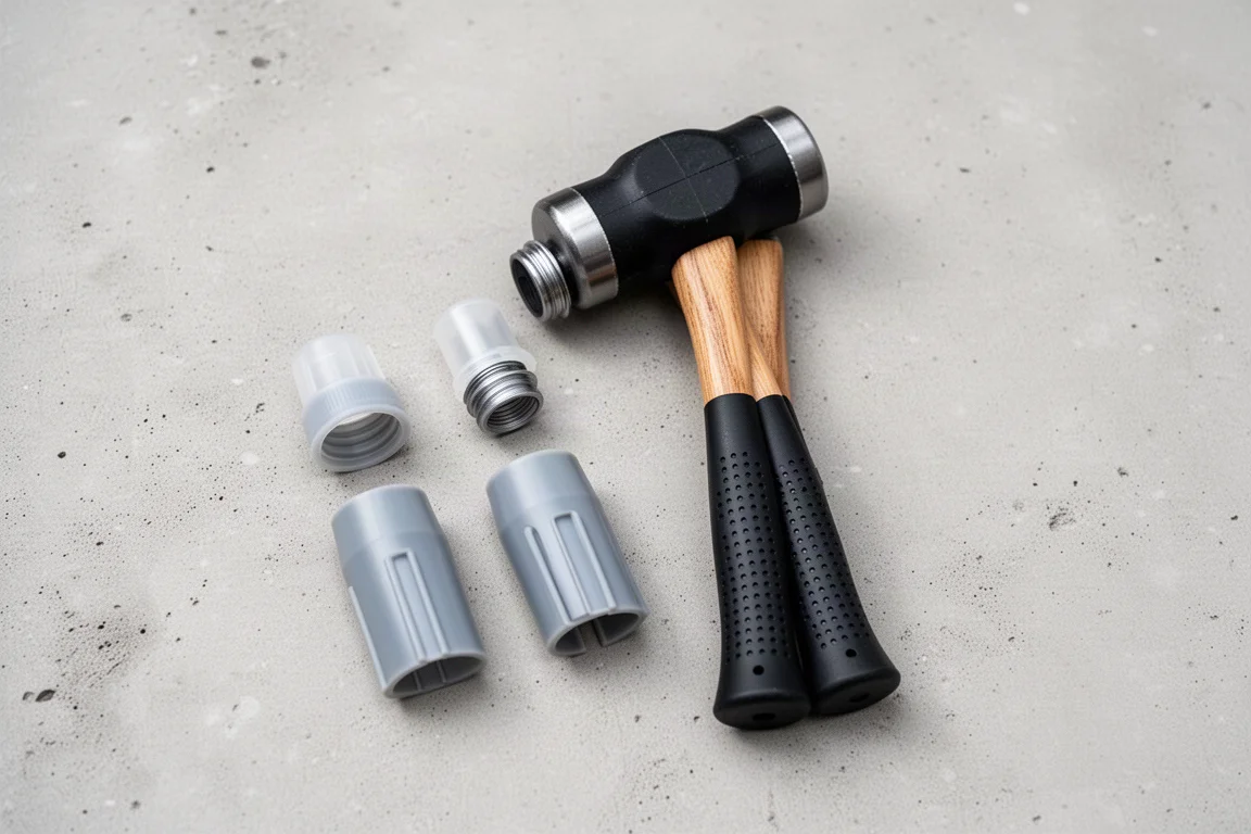 Plastic hammer tips unscrewed and laid beside the mallet body