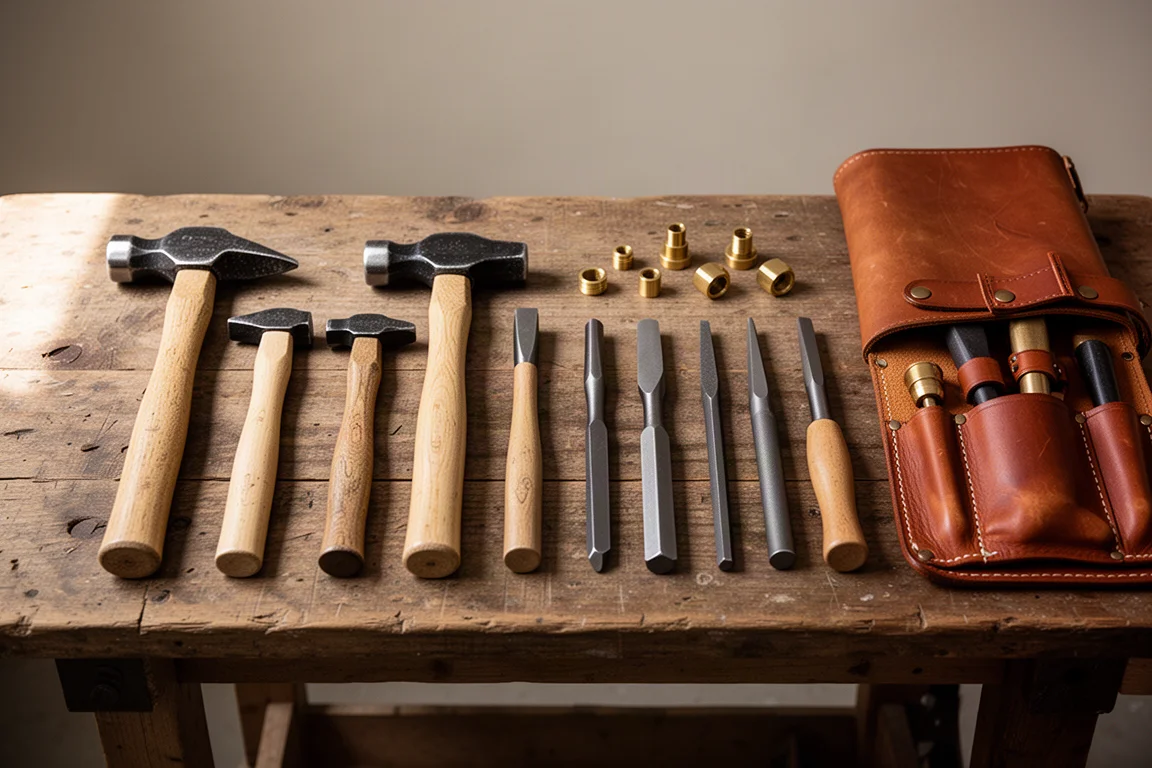 Workbench scene with assorted soft-face hammers laid out for a project
