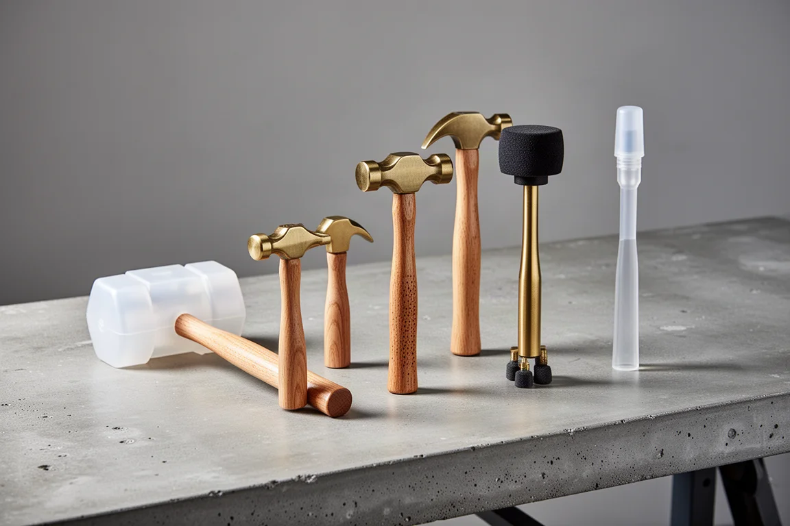 Assortment of soft-face, brass, and plastic-tipped hammers on a concrete surface
