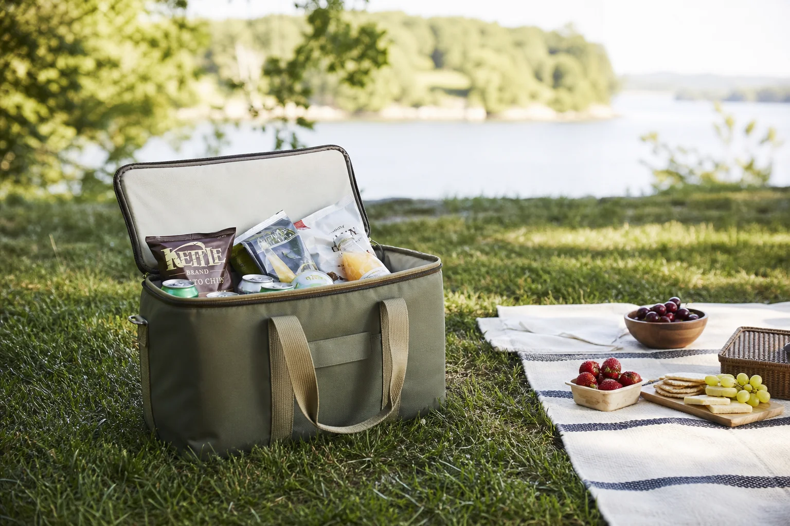 Picnic setup with soft cooler bag on grass near water