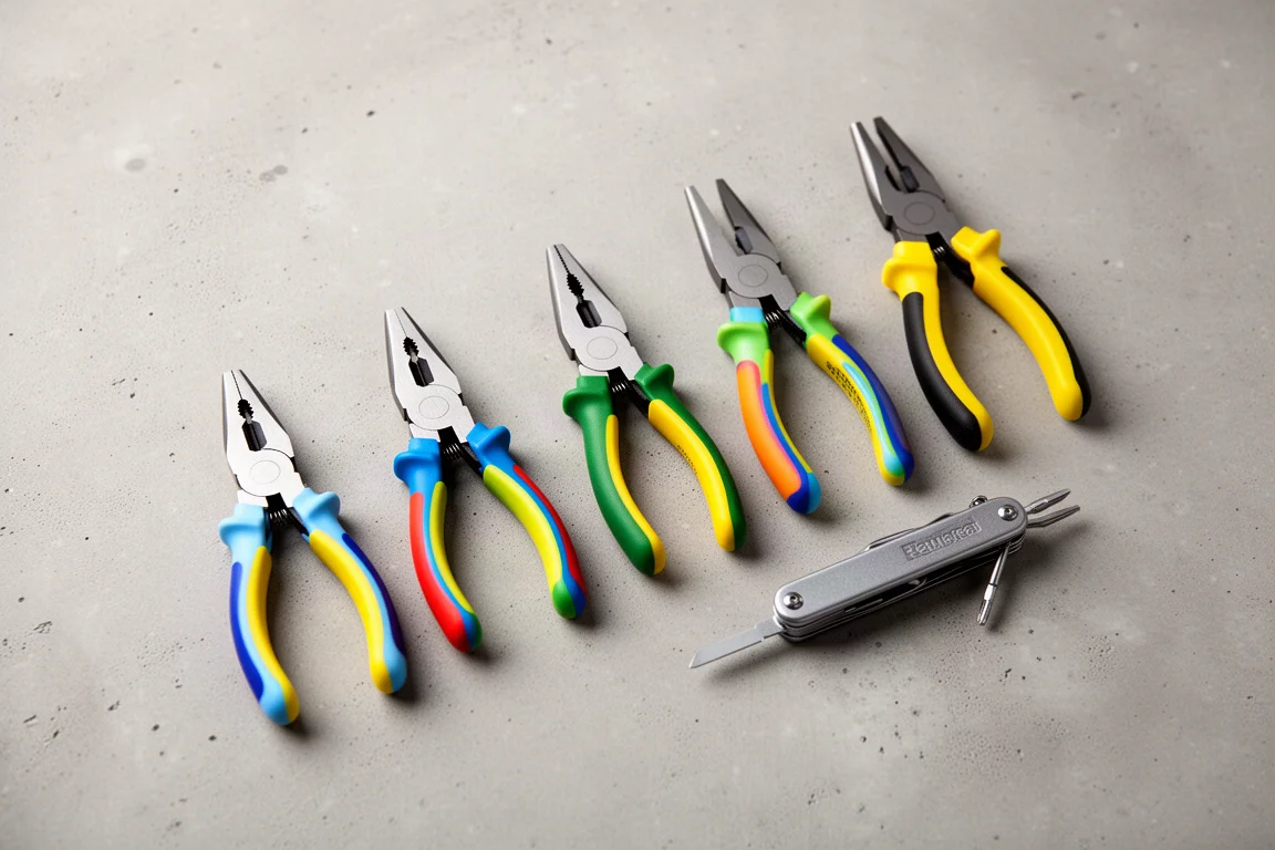 複数のプライヤーと小型ドライバーの刃工具がコンクリートの上に並べられている