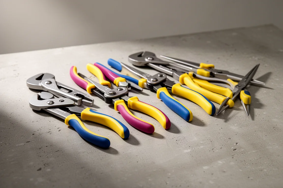 Row of soft jaw pliers of different sizes on a concrete workshop surface