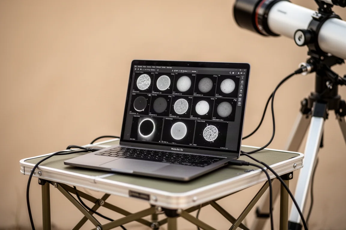 Laptop zeigt einen Stapel Sonnenscheiben-Aufnahmen neben einem Teleskop