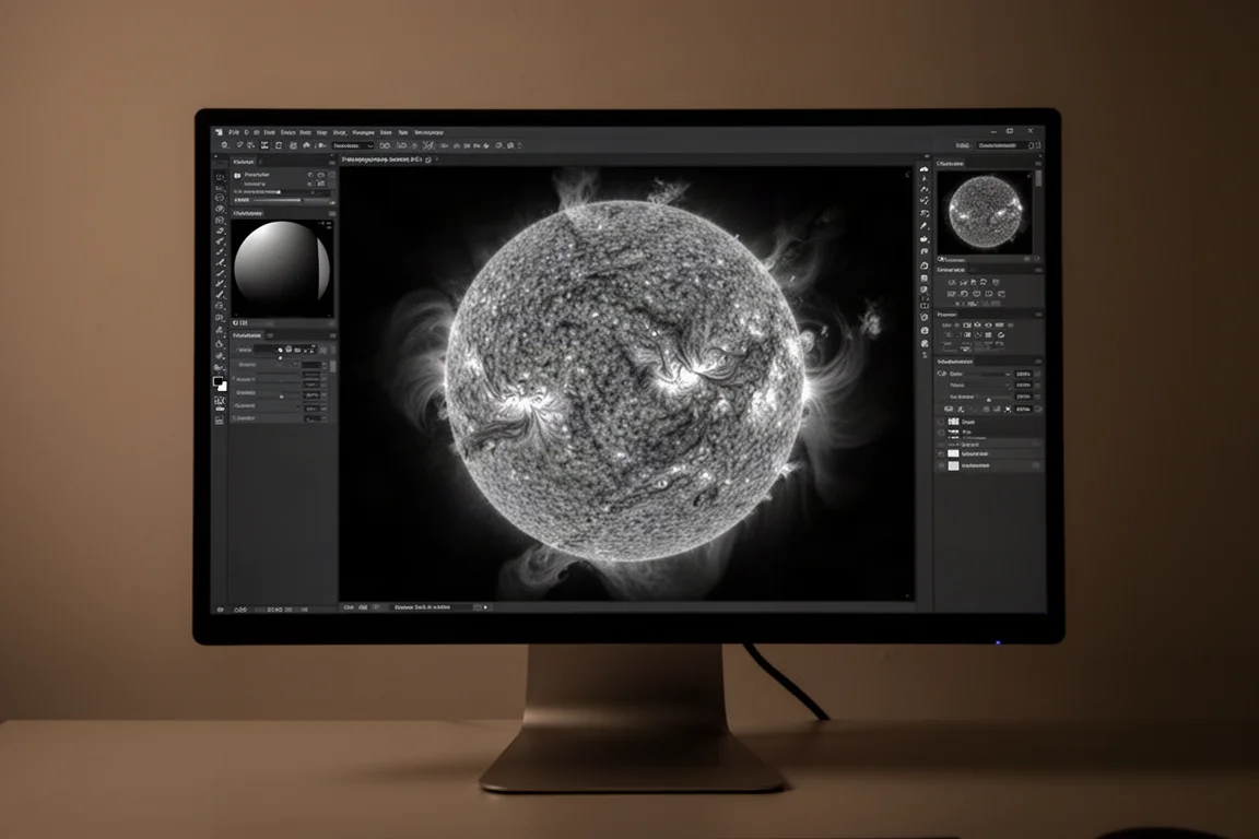 H-Alpha-Sonnenscheibe auf einem Monitor während der Bearbeitung