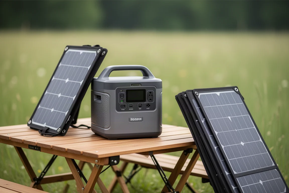 Tragbare Powerstation auf einem Campingtisch mit Solarmodul daneben bei Tageslicht