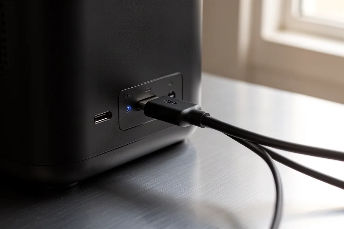 Nahaufnahme eines USB-C-Kabels, das in einen Port einer Powerstation eingesteckt ist