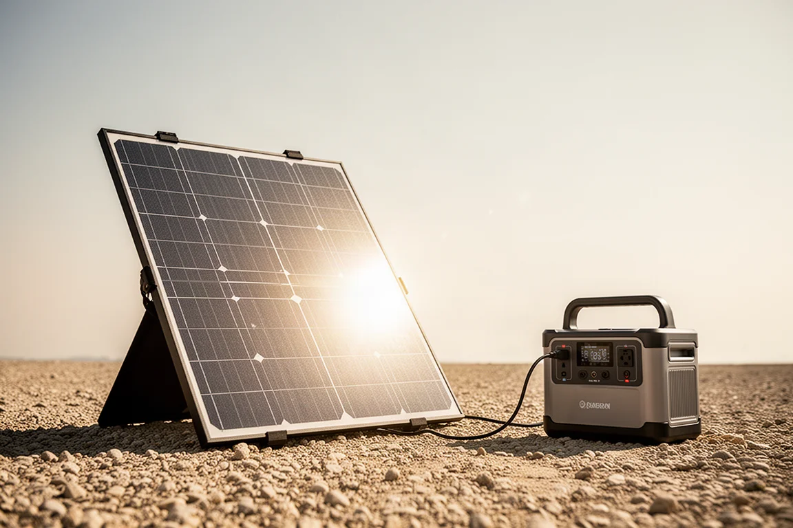 Solarmodul lädt eine Powerstation bei hellem Sonnenlicht im Freien