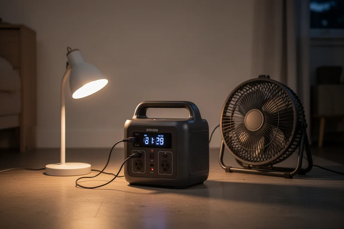 Powerstation versorgt während eines Stromausfalls Lichter und einen kleinen Ventilator