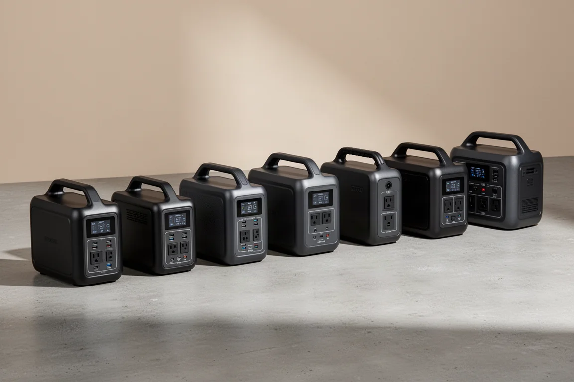 Lineup of nine compact portable power stations on a concrete surface