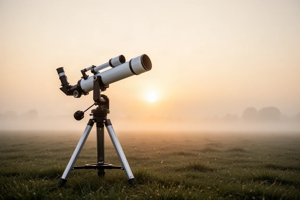 Sonnenteleskop auf einer Montierung, auf die Morgensonne durch Dunst gerichtet