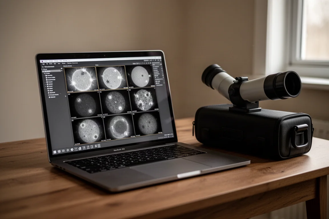 Laptopbildschirm mit aufgenommenen Sonnenbildern in Stacking-Software