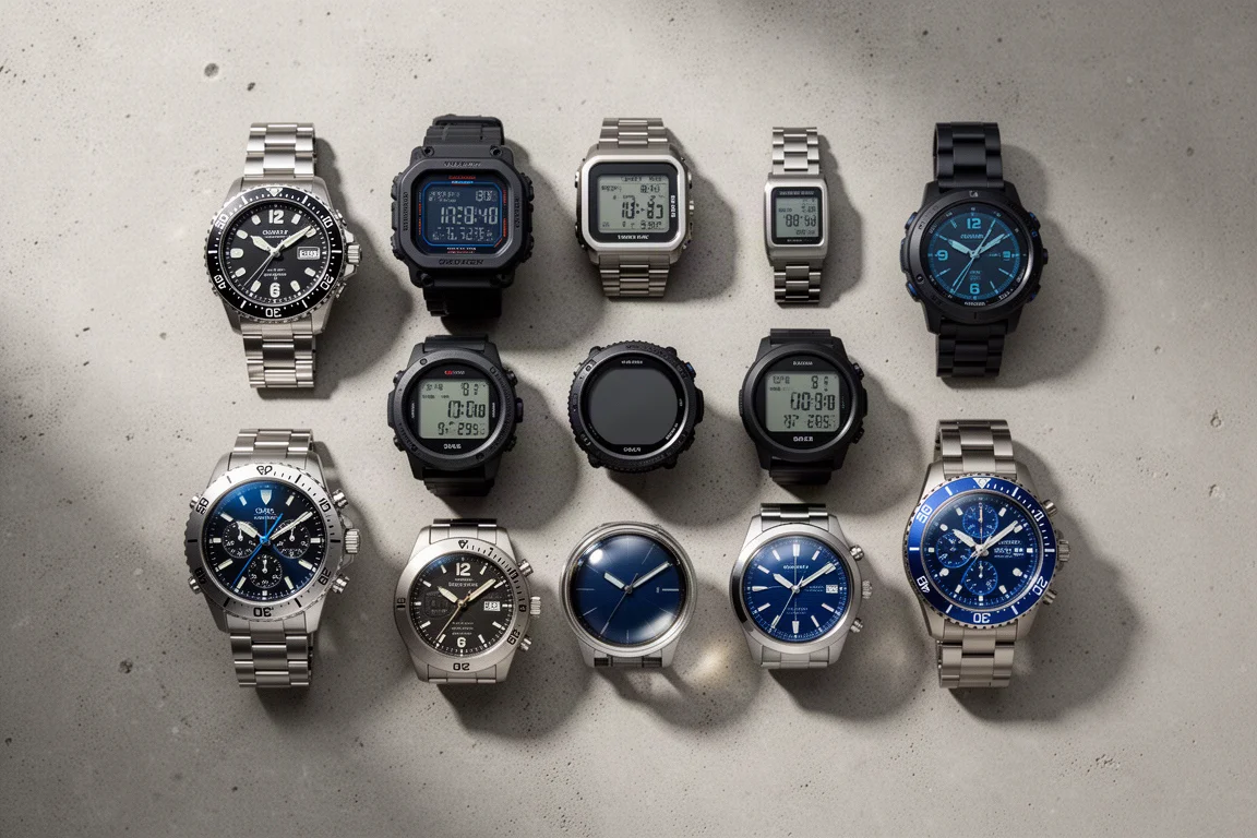 Composizione flat-lay di nove orologi al quarzo e solari su una superficie in cemento