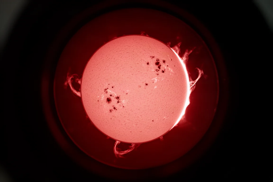 H-Alpha-Ansicht der Sonnenscheibe mit Protuberanzen in tiefen Rottönen