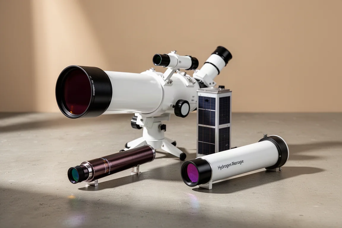 Solar telescope equipment including a refractor with solar filter and an etalon unit on a concrete surface